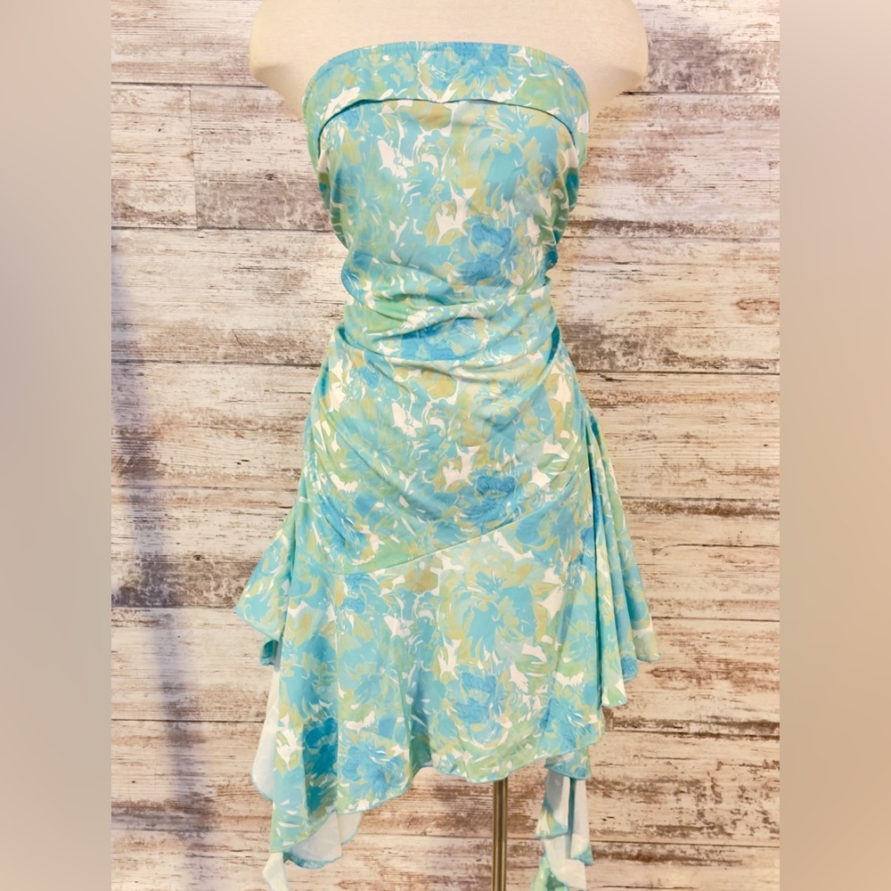 🍀3/$30 Chic Strapless Floral Dress - Aqua and Lime